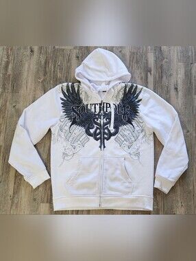 SouthPole Men’s White Graphic Zip-Up Hoodie streetwear skater size 2XL